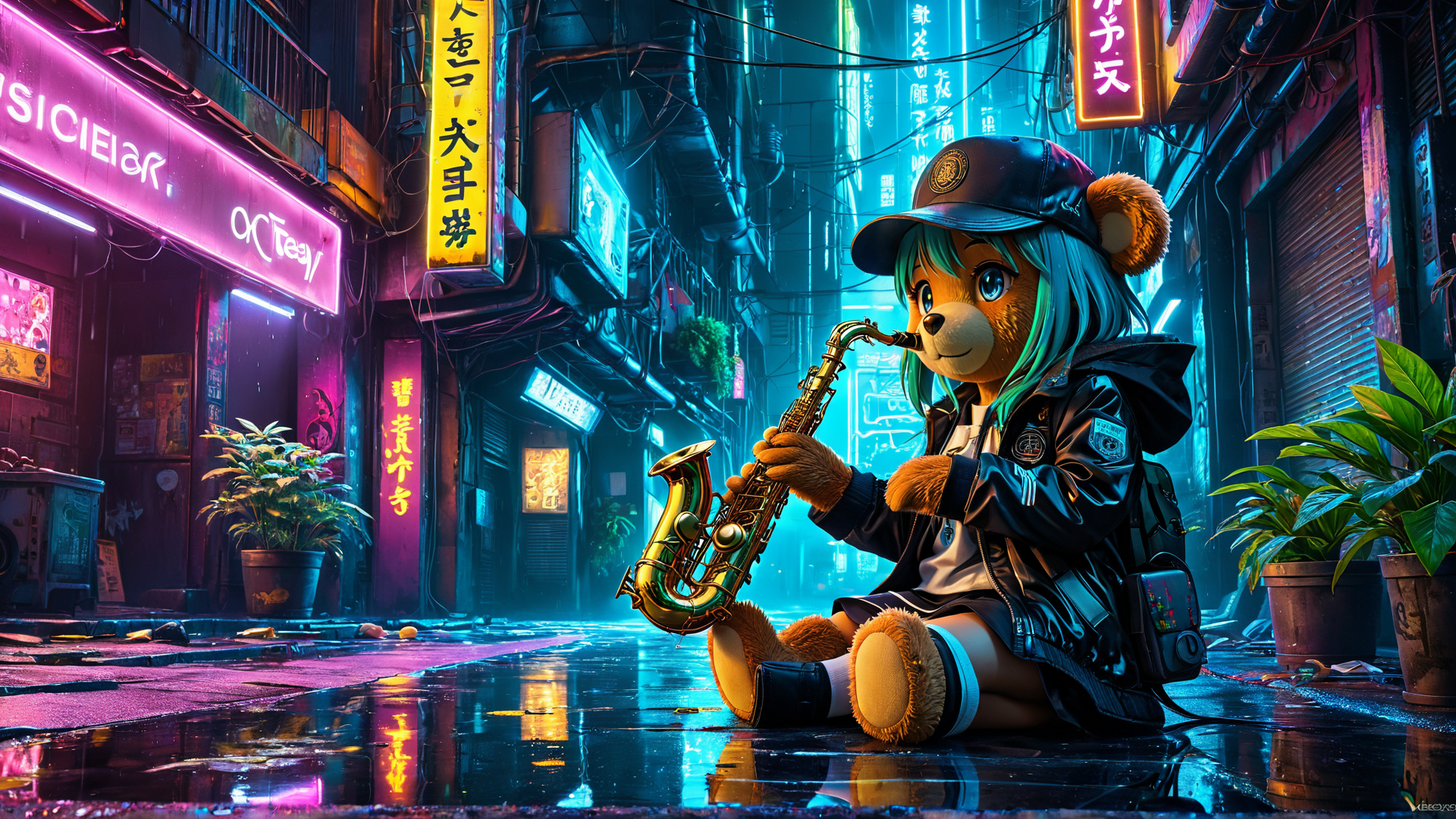 AI generated wallpaper featuring teddy bear, saxophone, neon alley