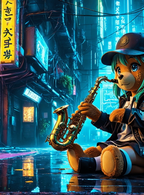 teddy bear, saxophone, neon alley