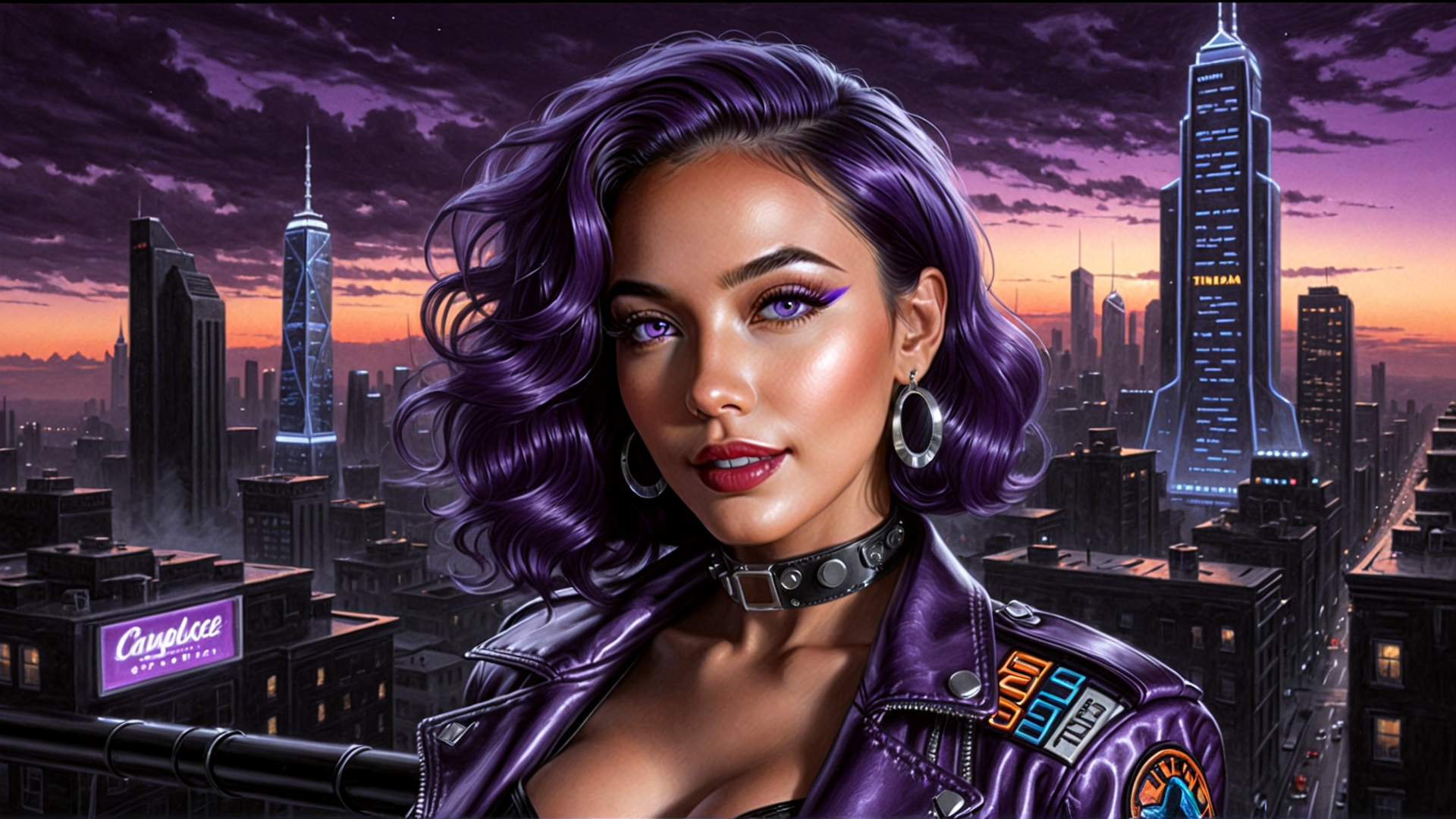 AI generated wallpaper featuring woman, cityscape, skyscraper, jacket, hair