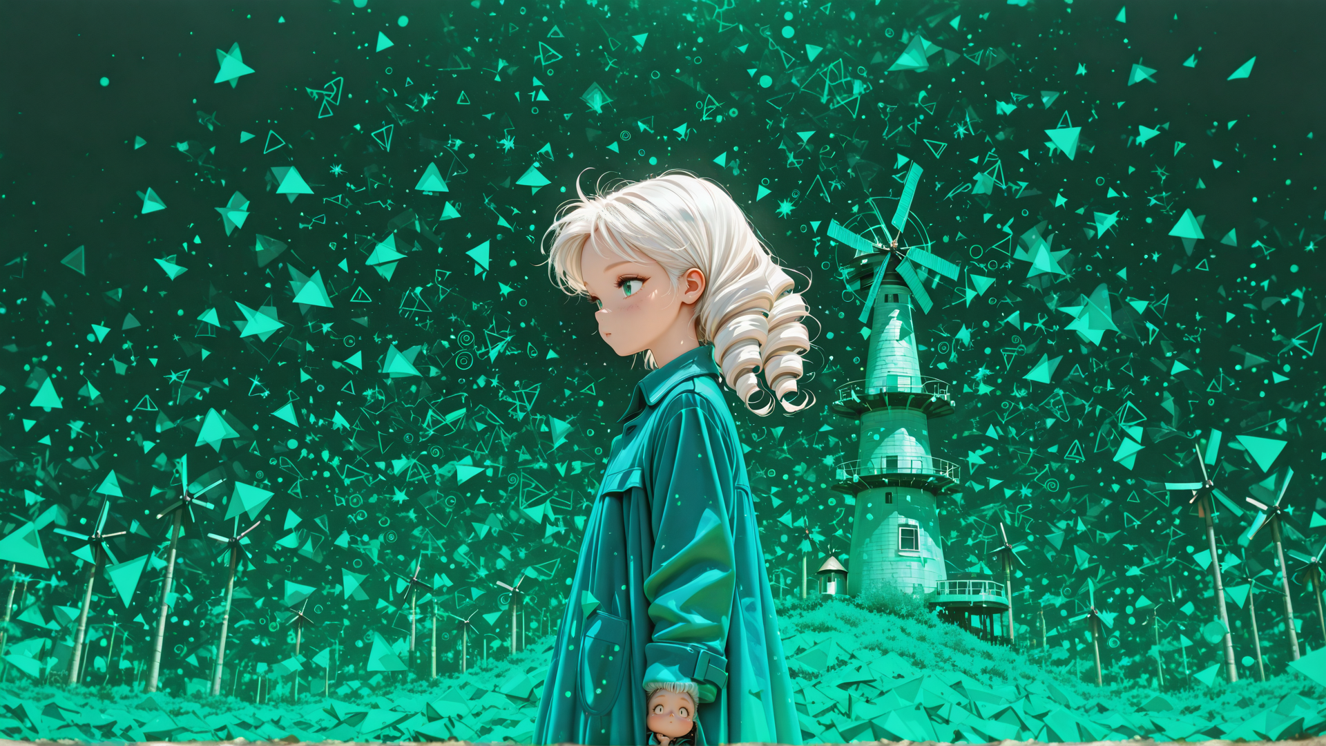 AI generated wallpaper featuring girl, windmill, wind turbine