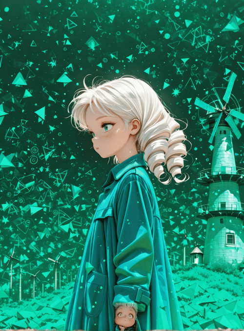 girl, windmill, wind turbine