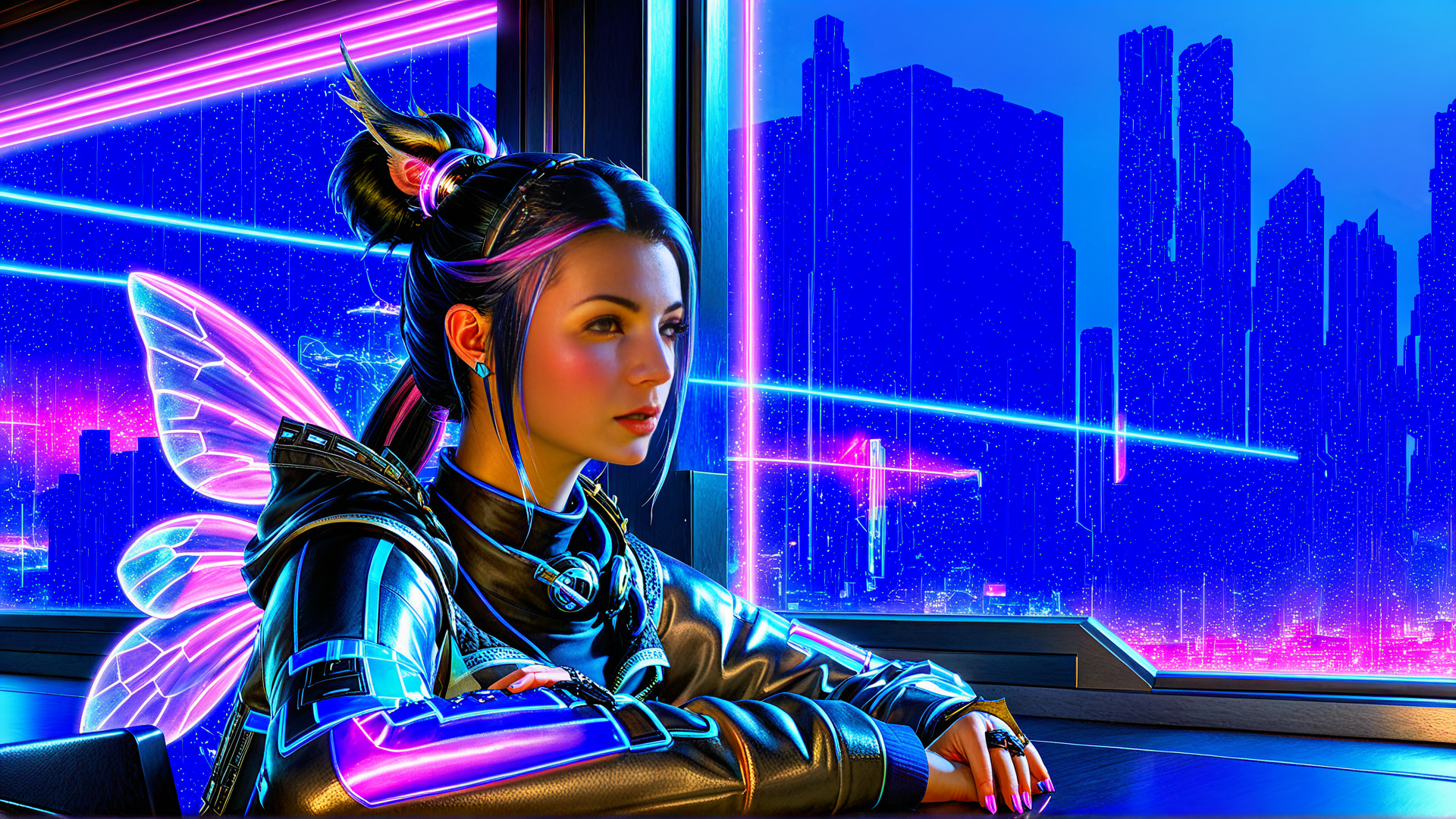 AI generated wallpaper featuring cyborg, fairy, woman
