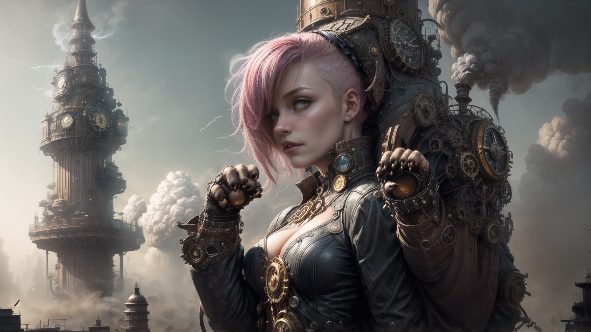 AI generated wallpaper featuring woman, steampunk, clock tower, gloves, gears