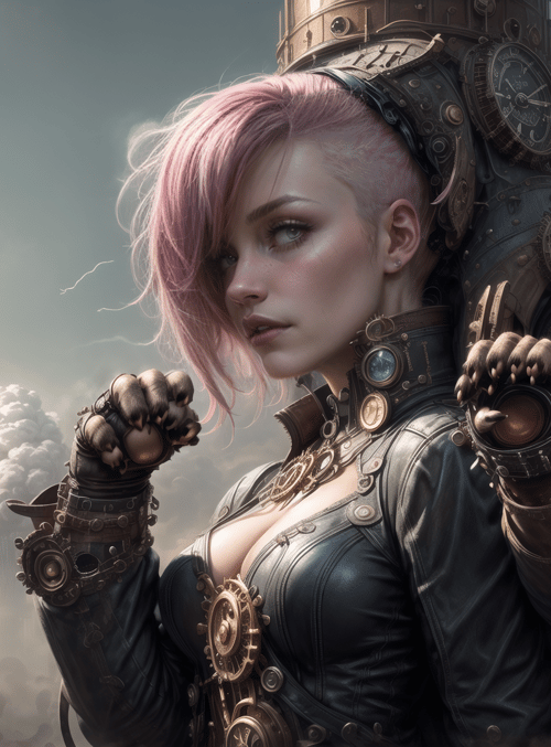 woman, steampunk, clock tower, gloves, gears