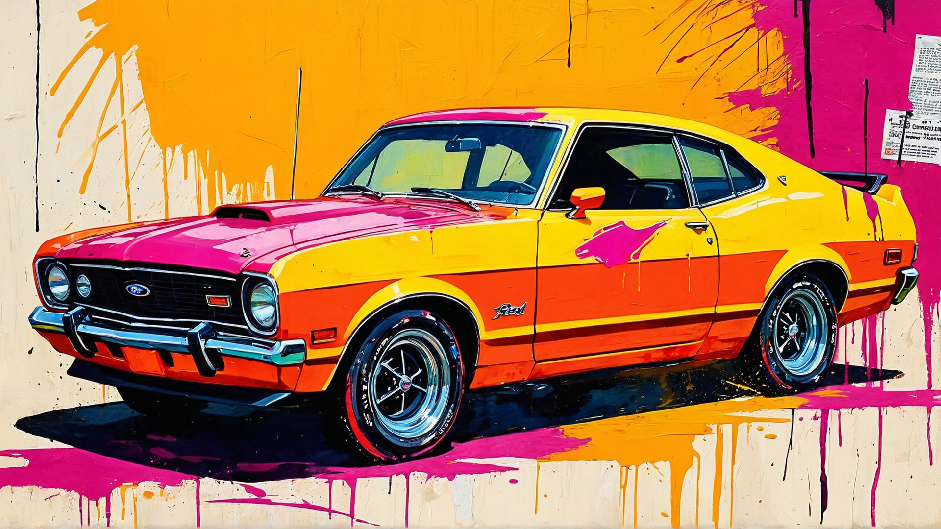 AI generated wallpaper featuring car, Ford, classic, muscle car, painting