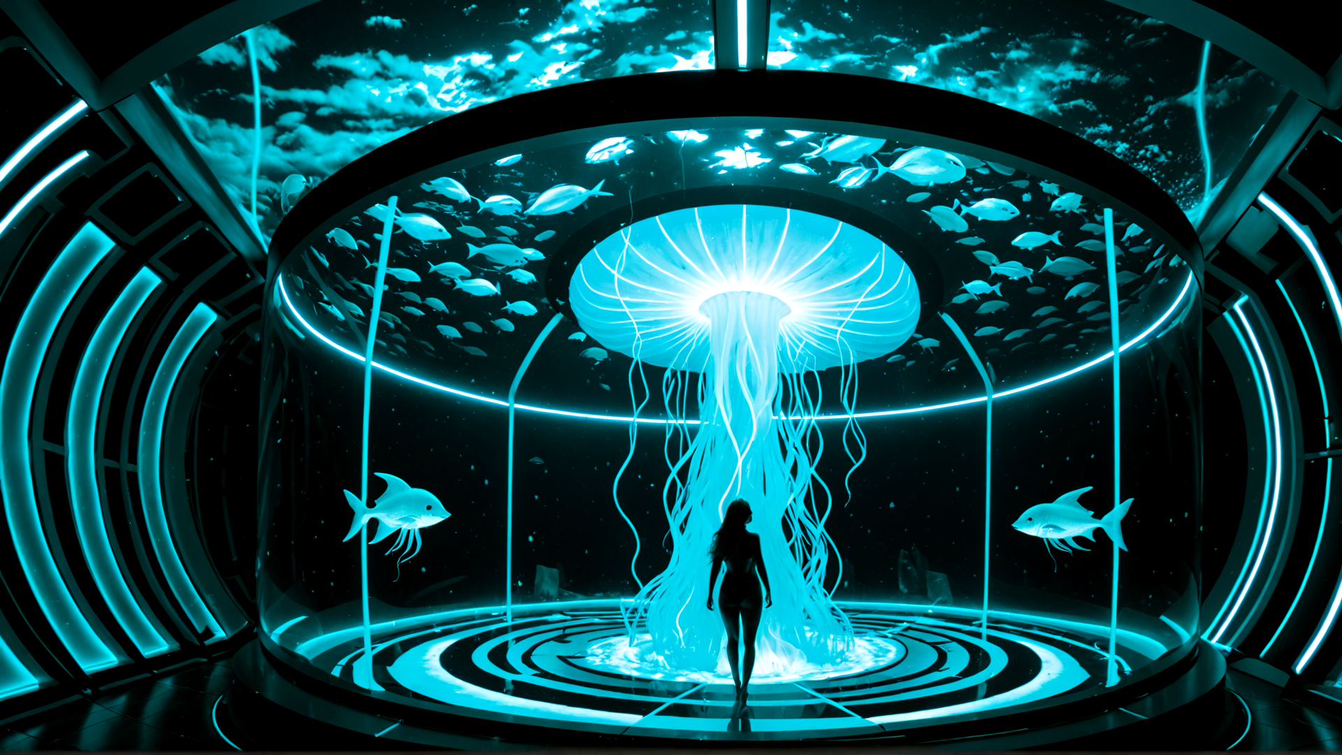 AI generated wallpaper featuring jellyfish, fish, woman, aquarium, cyberpunk, silhouette, neon, circular, technology, water