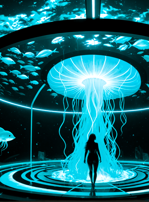 jellyfish, fish, woman, aquarium, cyberpunk, silhouette, neon, circular, technology, water