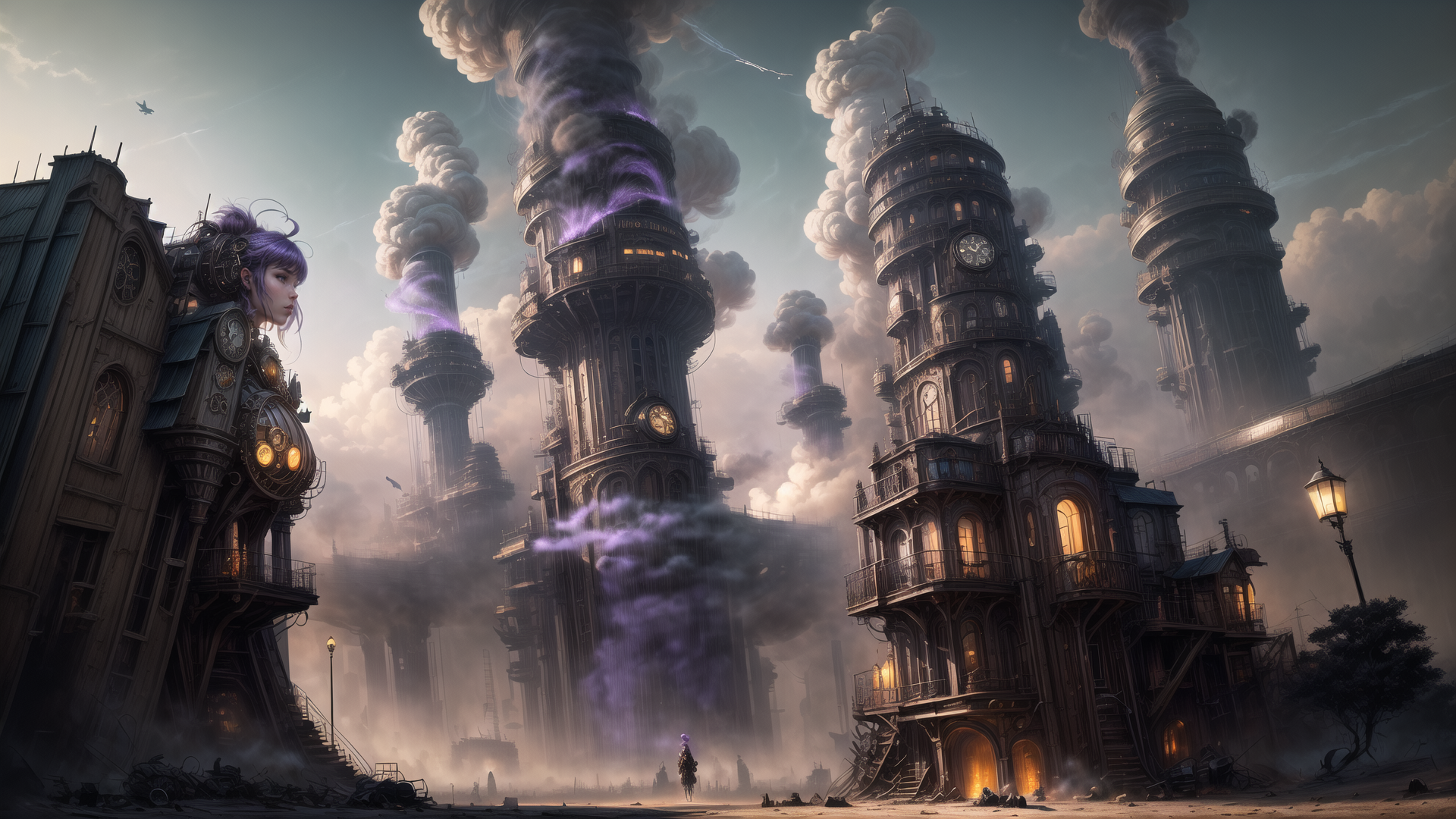 AI generated wallpaper featuring steampunk, cityscape, towers, clock, purple smoke