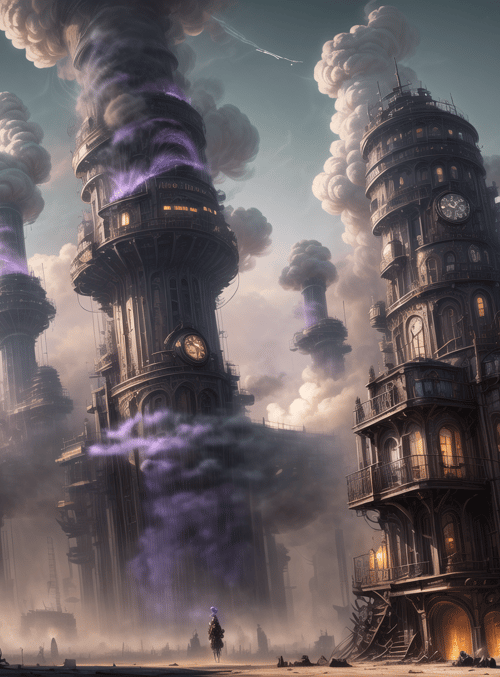 steampunk, cityscape, towers, clock, purple smoke