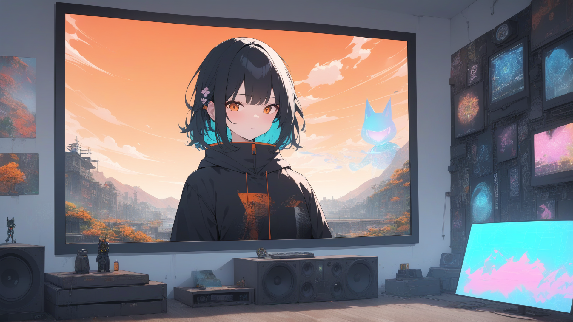 AI generated wallpaper featuring anime girl, cat-like creature, screen