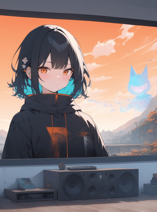 anime girl, cat-like creature, screen