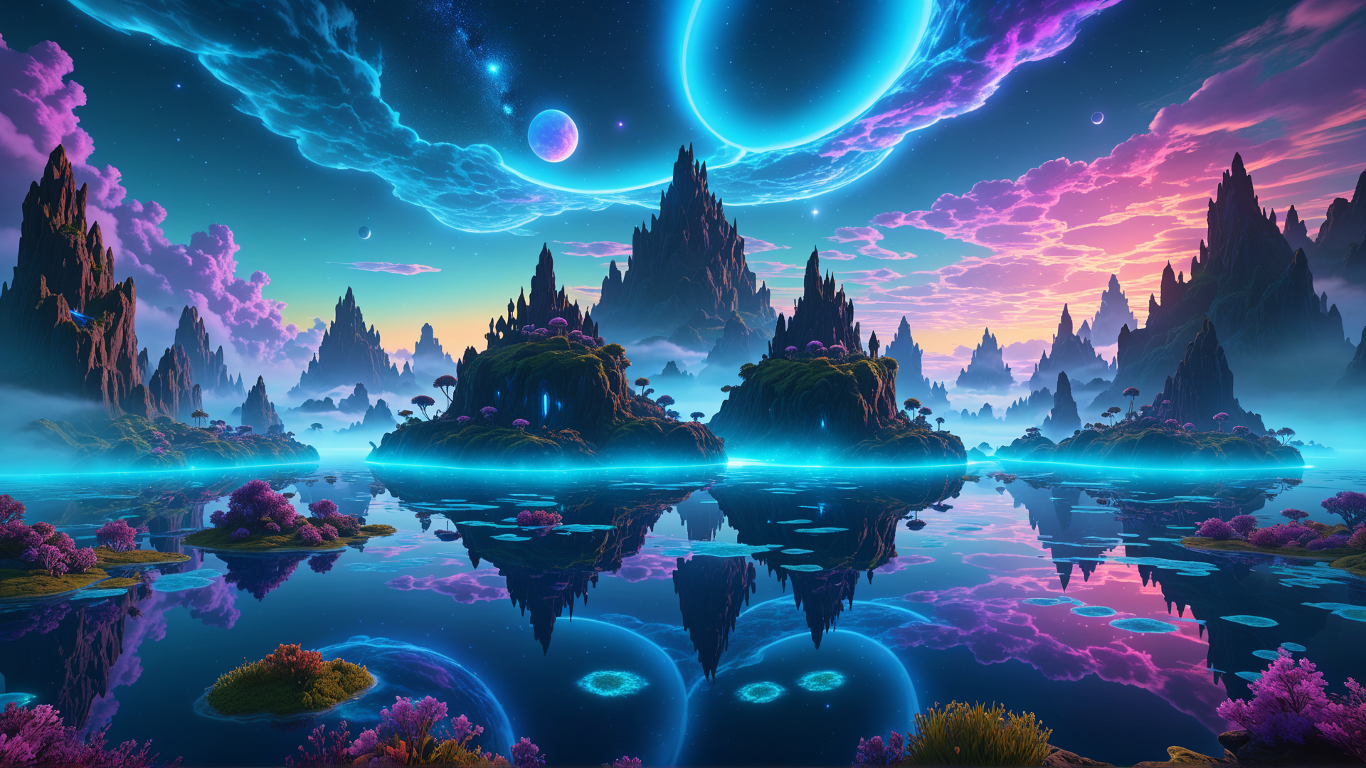 AI generated wallpaper featuring islands, mountains, sky