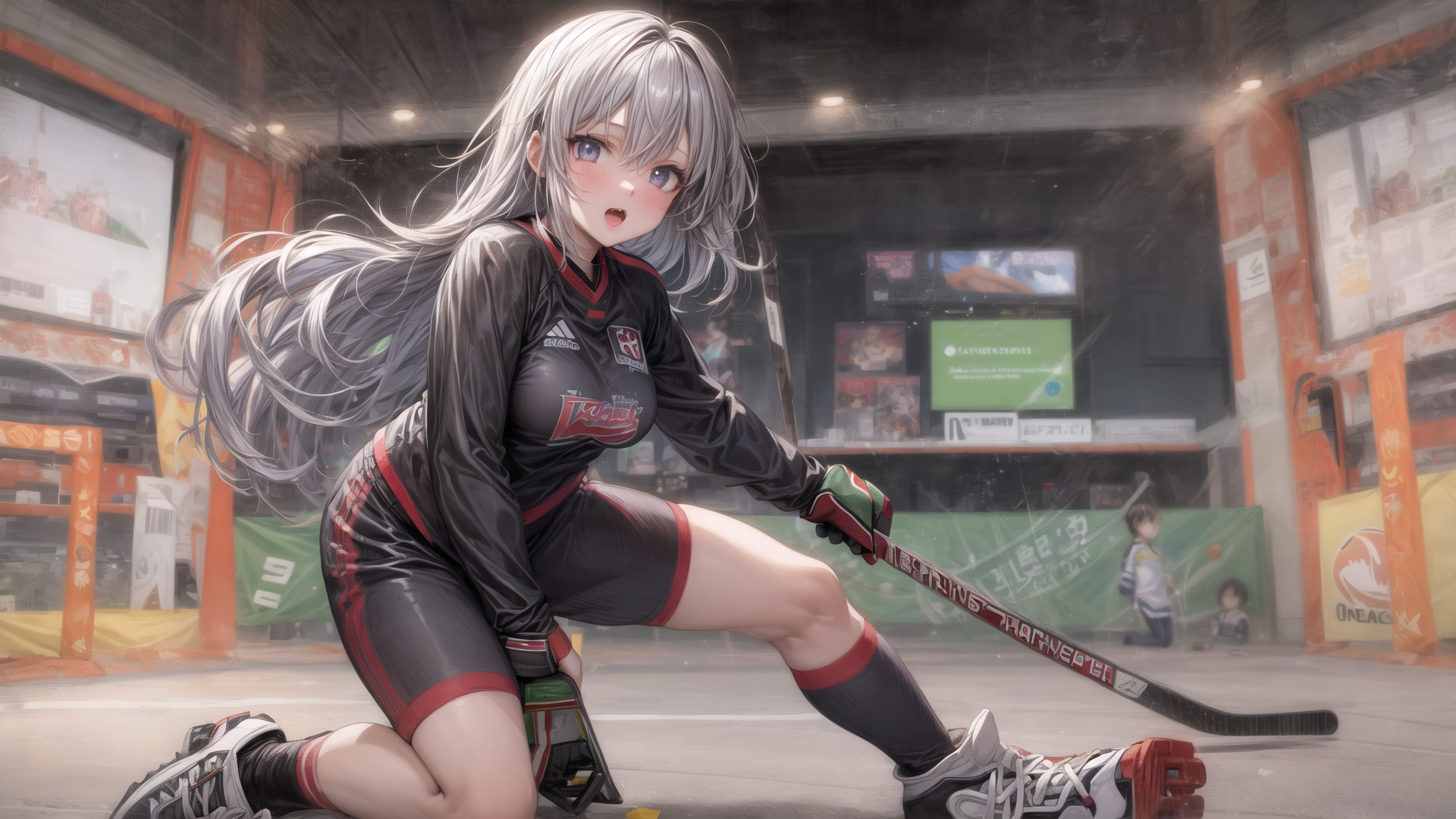 AI generated wallpaper featuring anime girl, hockey player, sports uniform, hockey stick
