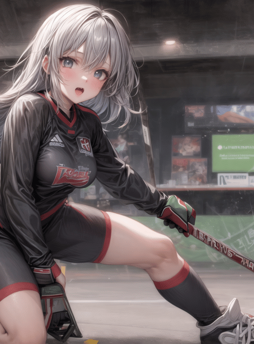 anime girl, hockey player, sports uniform, hockey stick
