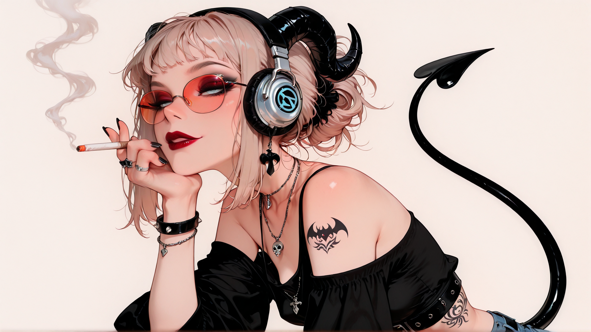 AI generated wallpaper featuring devil, woman, headphones, cigarette, tattoo, tail, glasses, earphones, skull, chains
