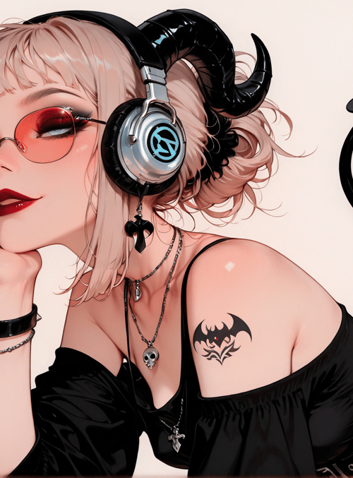 devil, woman, headphones, cigarette, tattoo, tail, glasses, earphones, skull, chains