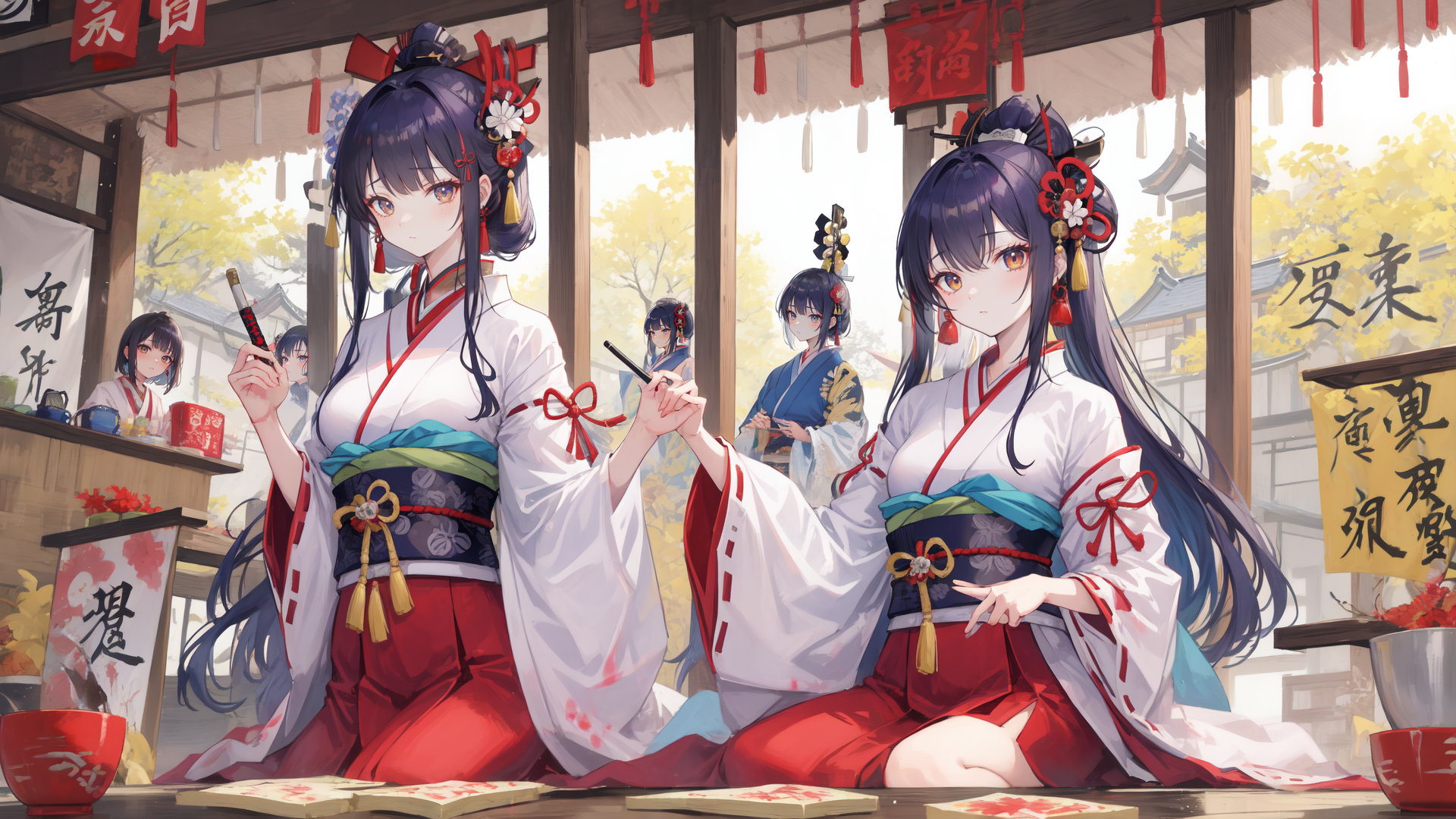 AI generated wallpaper featuring geisha, kimono, sake, tansu, traditional, japanese, women, cultural