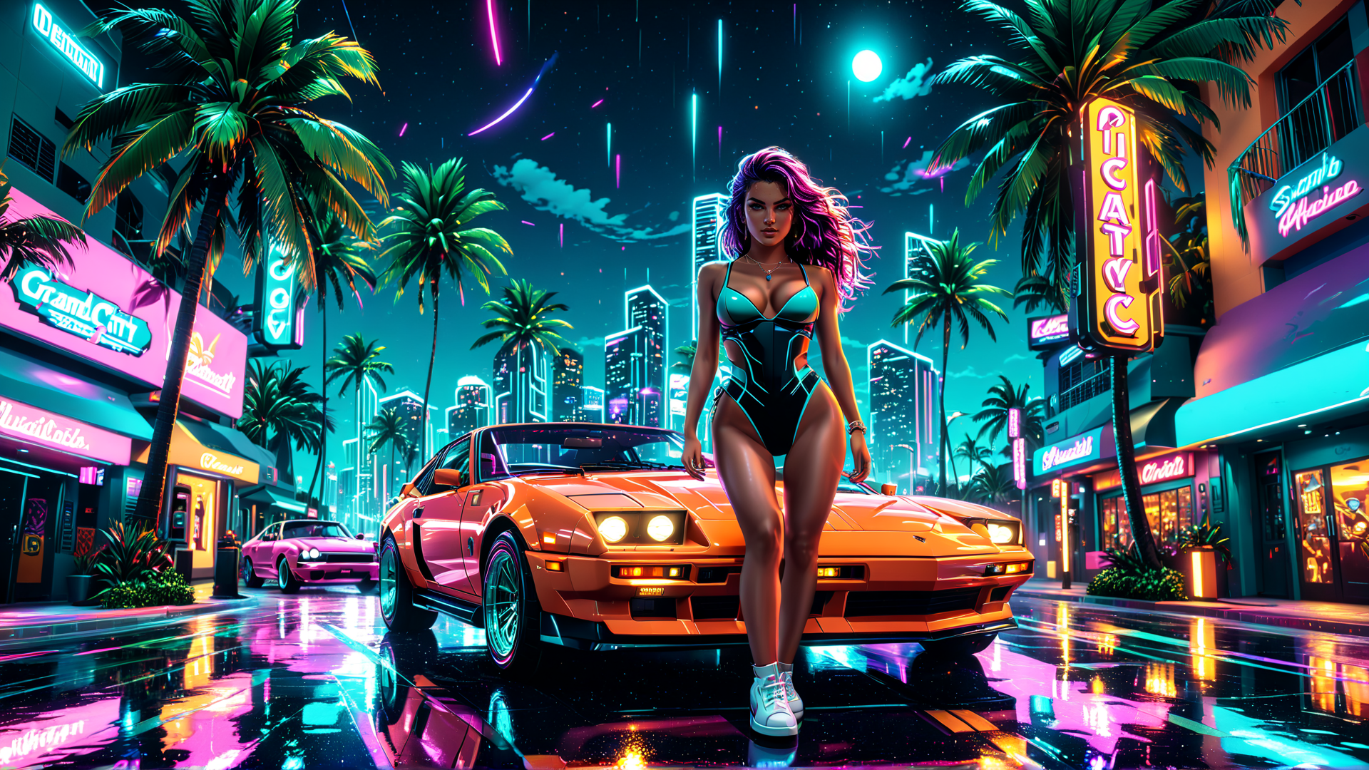 AI generated wallpaper featuring woman, car, city