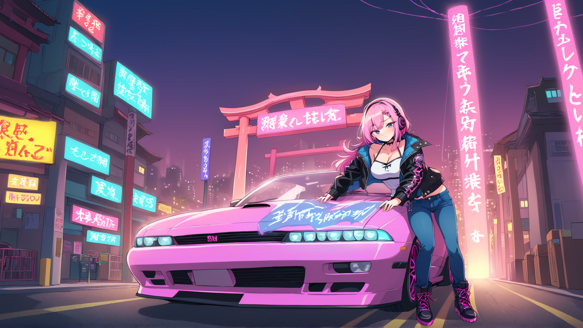 AI generated wallpaper featuring anime girl, sports car, torii gate