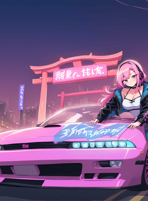 anime girl, sports car, torii gate