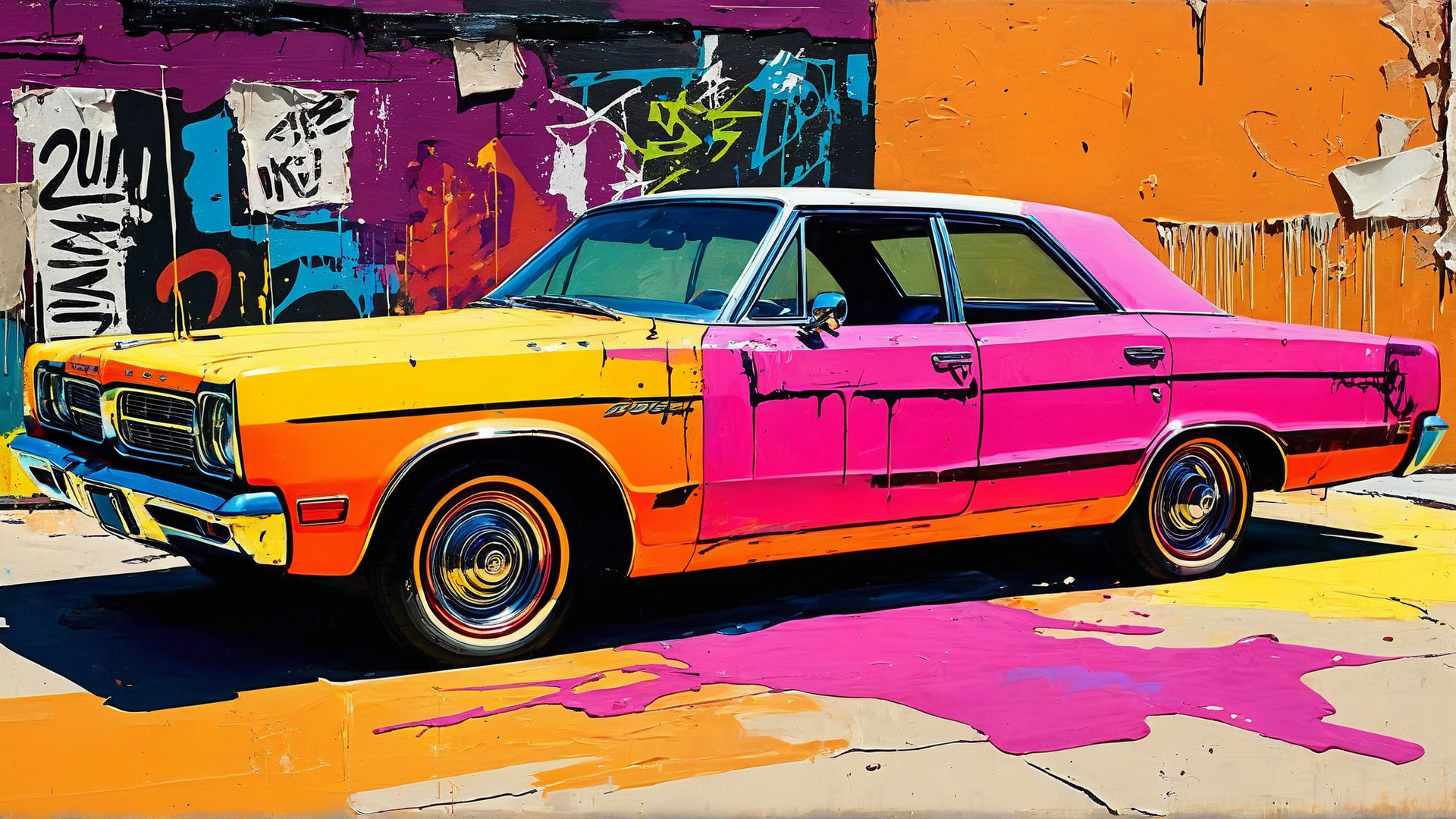AI generated wallpaper featuring car, graffiti, wall