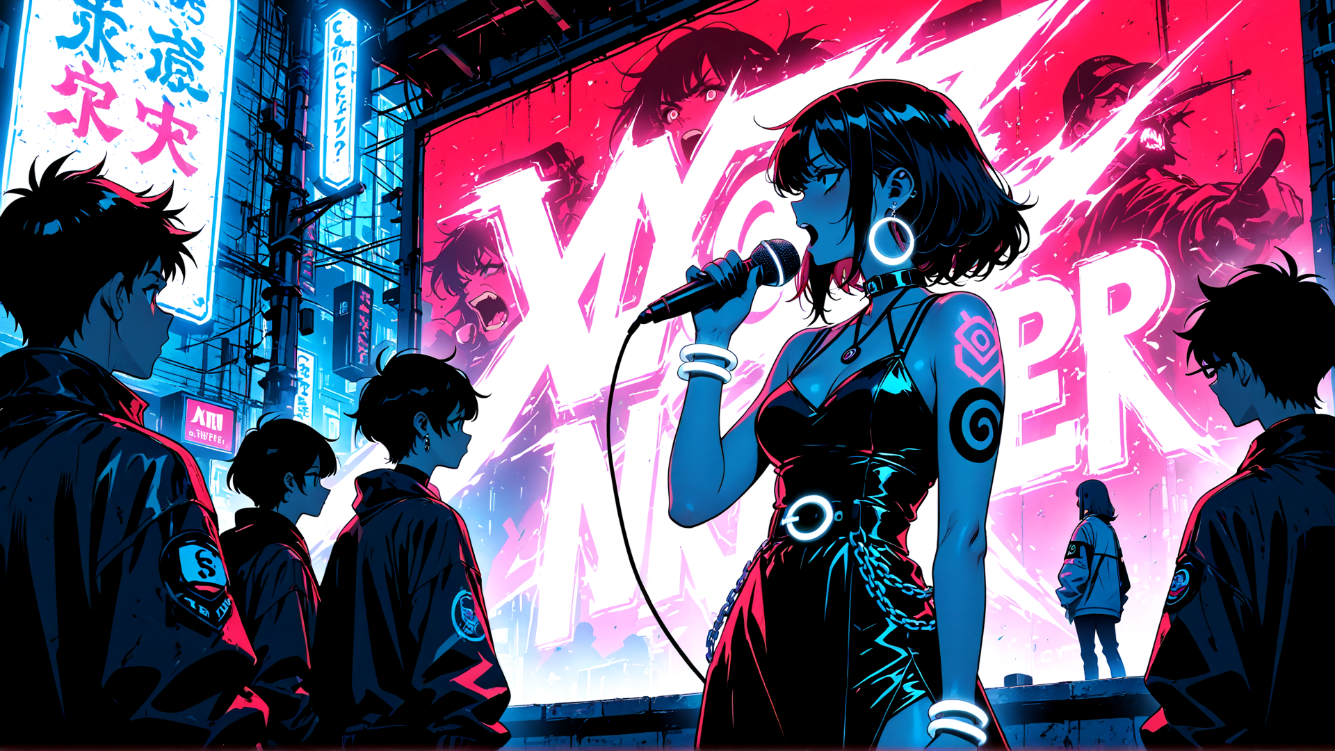AI generated wallpaper featuring woman, microphone, cityscape, neon sign, people, banner, character, jacket, earring, chain