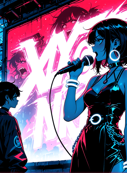woman, microphone, cityscape, neon sign, people, banner, character, jacket, earring, chain