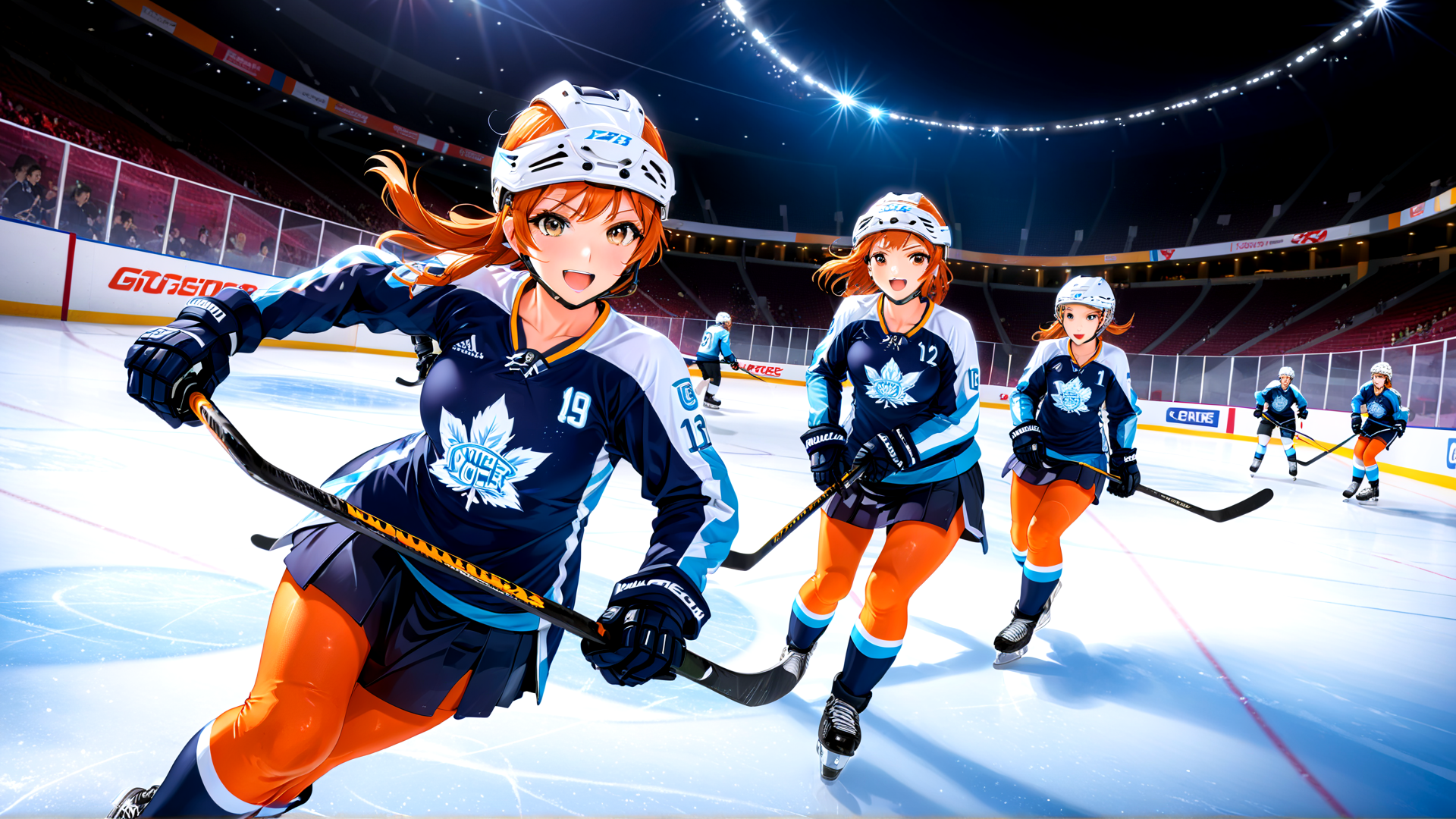 AI generated wallpaper featuring hockey players, skaters, team, ice rink, uniform, helmet, puck, sweater, gloves, skates
