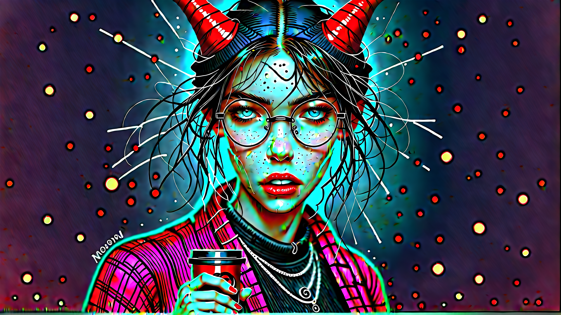 AI generated wallpaper featuring girl, devil, glasses, cup, horns, sparks, neon, grunge, dots, chains