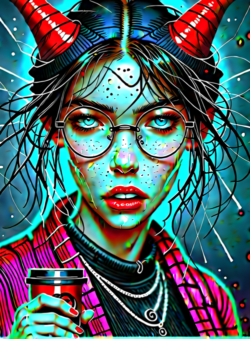 girl, devil, glasses, cup, horns, sparks, neon, grunge, dots, chains