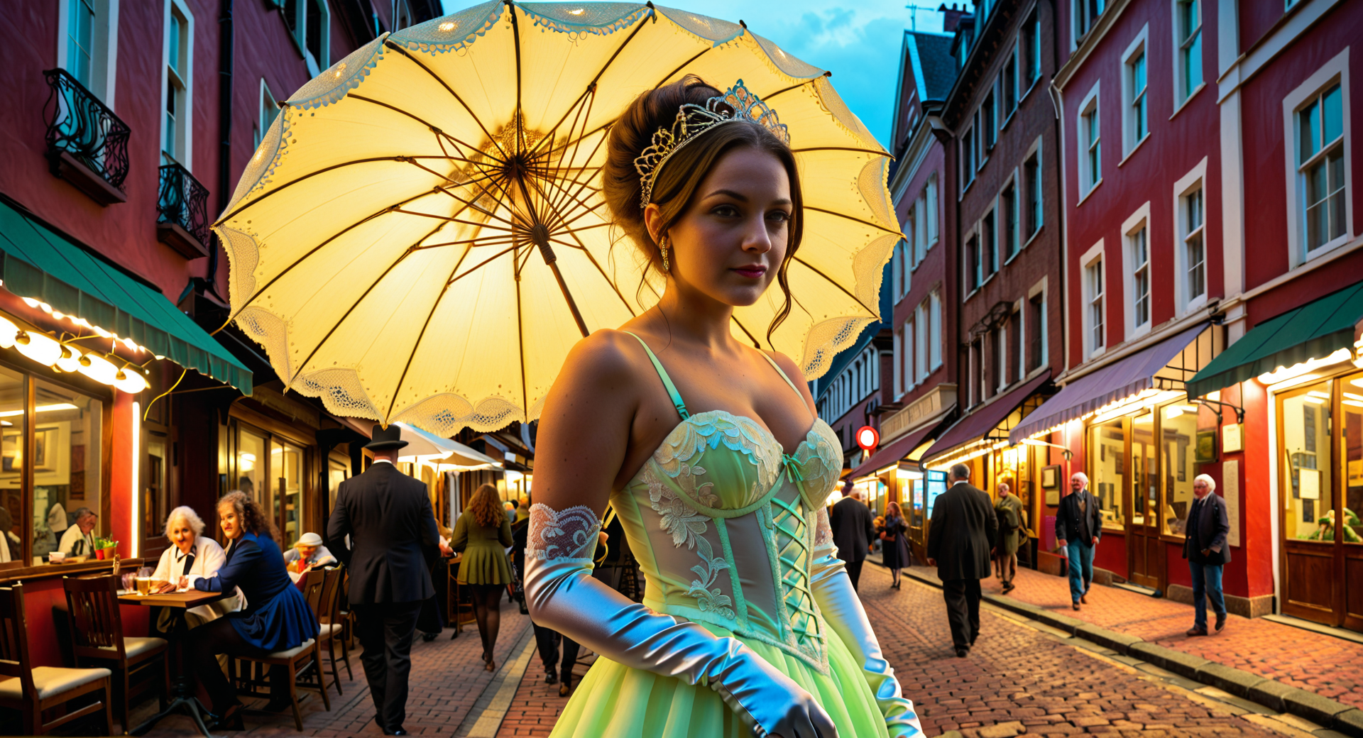 AI generated wallpaper featuring woman, umbrella, dress