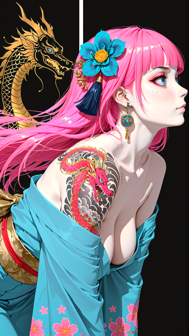 AI generated wallpaper featuring woman, dragon, flower, tattoo, kimono