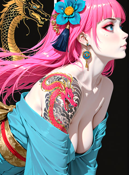 woman, dragon, flower, tattoo, kimono