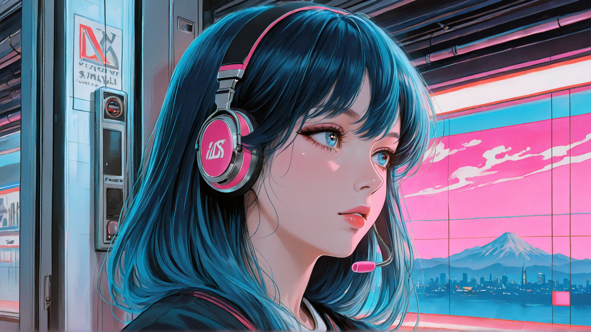 AI generated wallpaper featuring girl, headphones, train, mountain, cityscape, window, hair, microphone, screen, logo