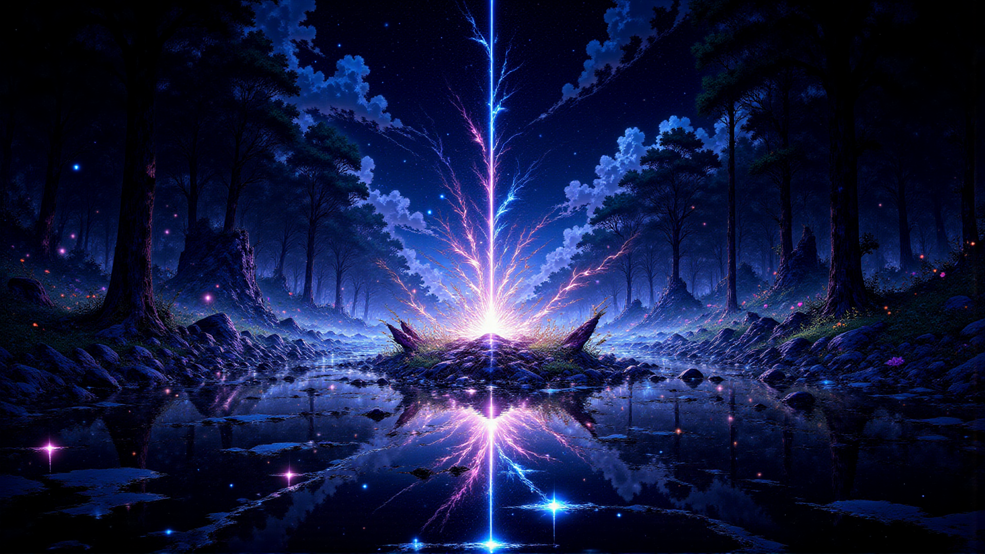 AI generated wallpaper featuring forest, river, lightning, trees, stars, clouds, rocks, water, glowing, fireflies