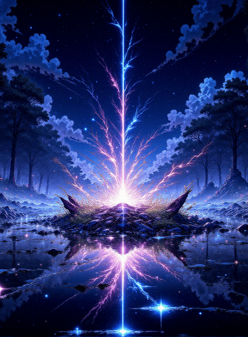 forest, river, lightning, trees, stars, clouds, rocks, water, glowing, fireflies
