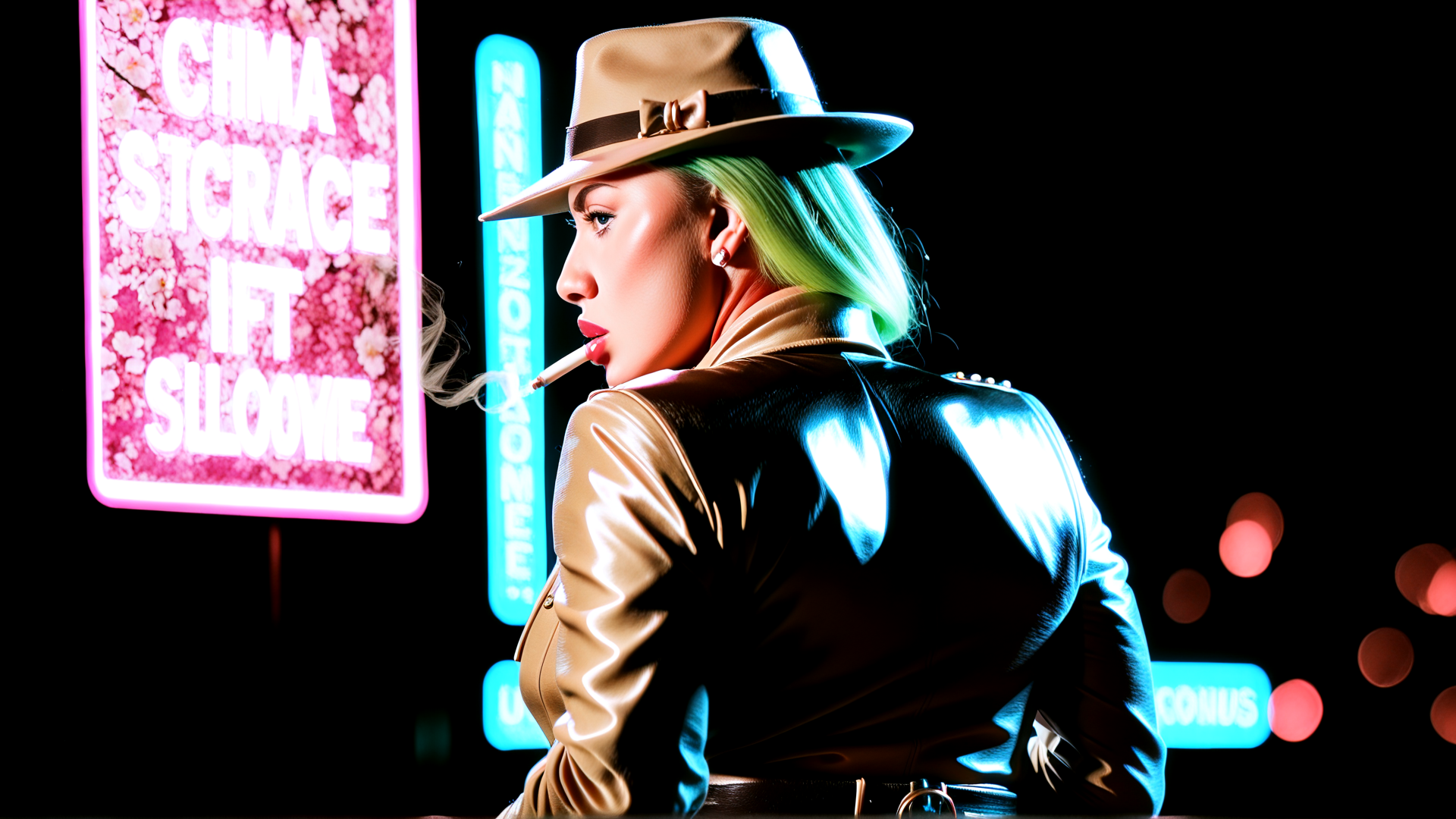 AI generated wallpaper featuring woman, hat, cigarette, leather jacket, neon sign