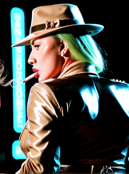 woman, hat, cigarette, leather jacket, neon sign