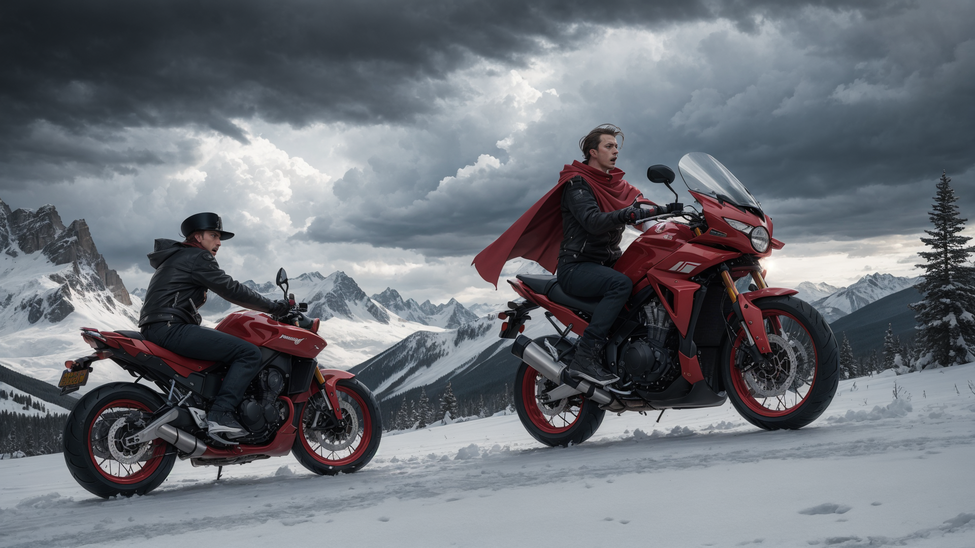 AI generated wallpaper featuring motorcyclists, mountains