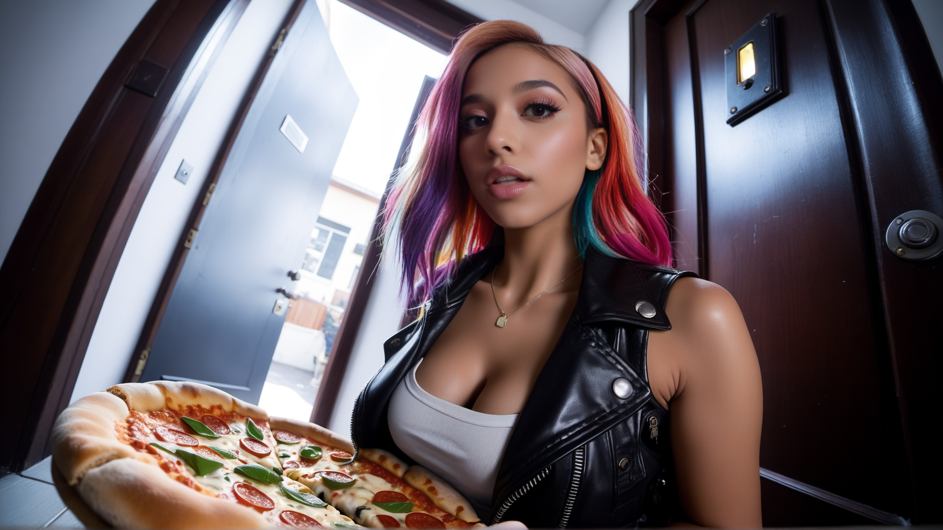 AI generated wallpaper featuring pizza, woman, door