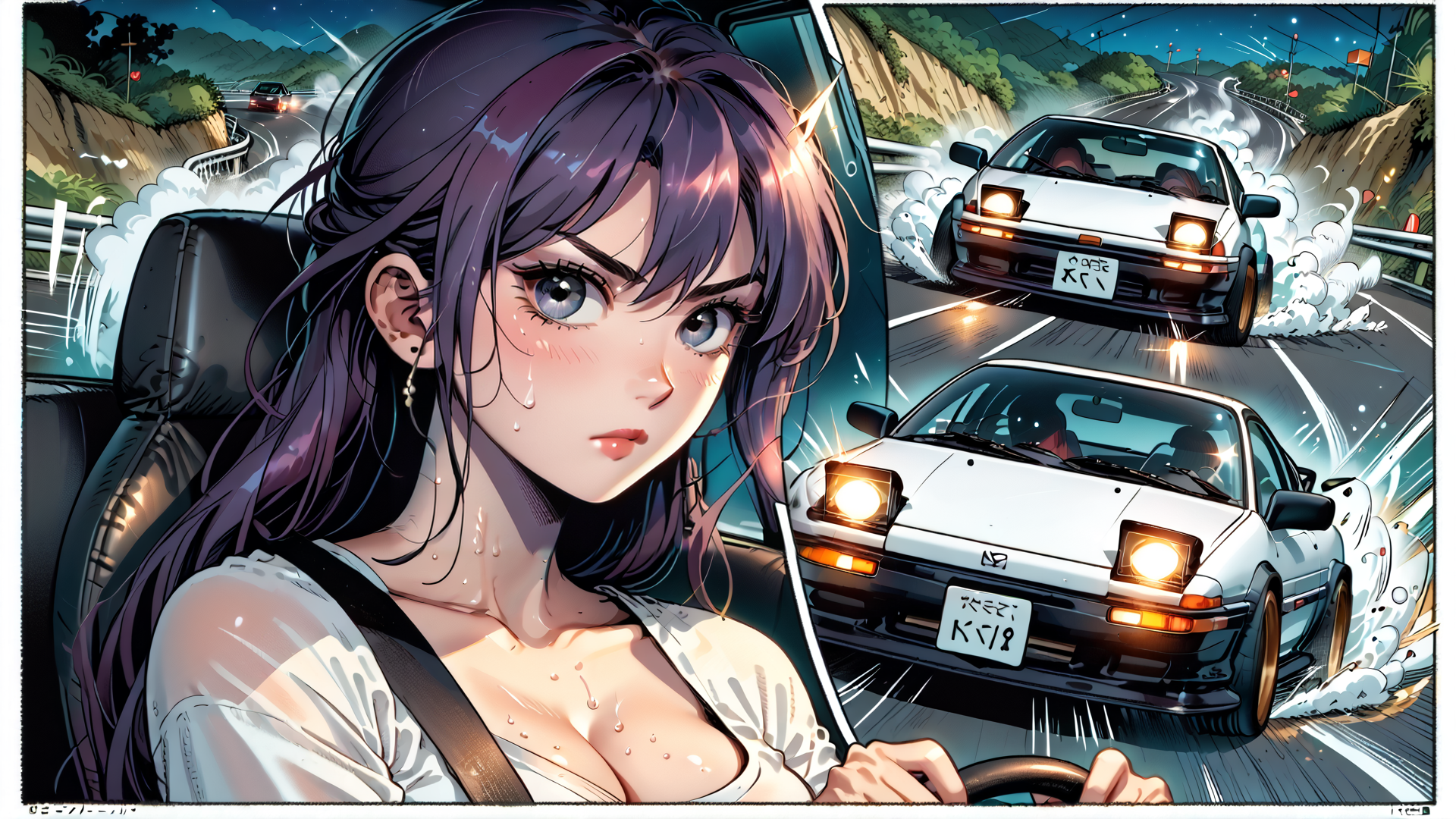 AI generated wallpaper featuring woman, car, road, race, driver, license plate