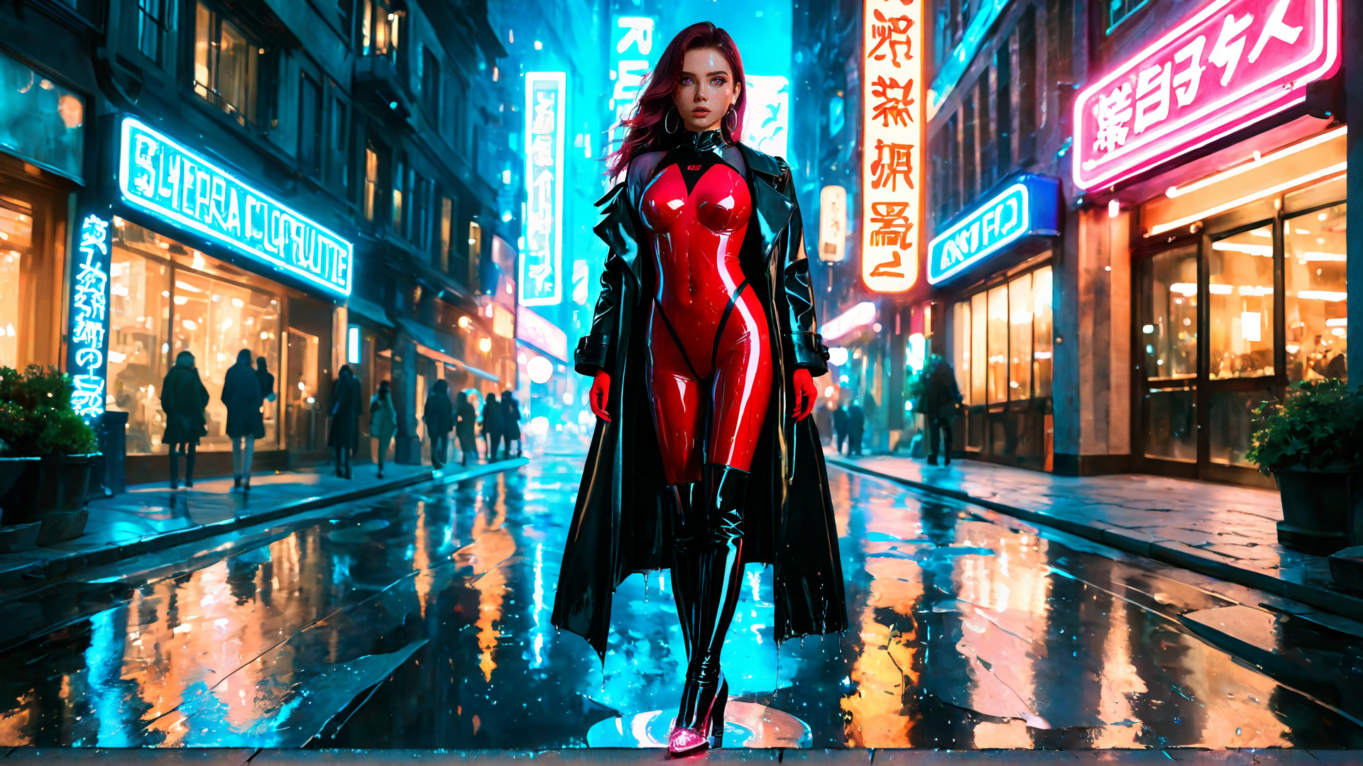 AI generated wallpaper featuring woman, neon, city