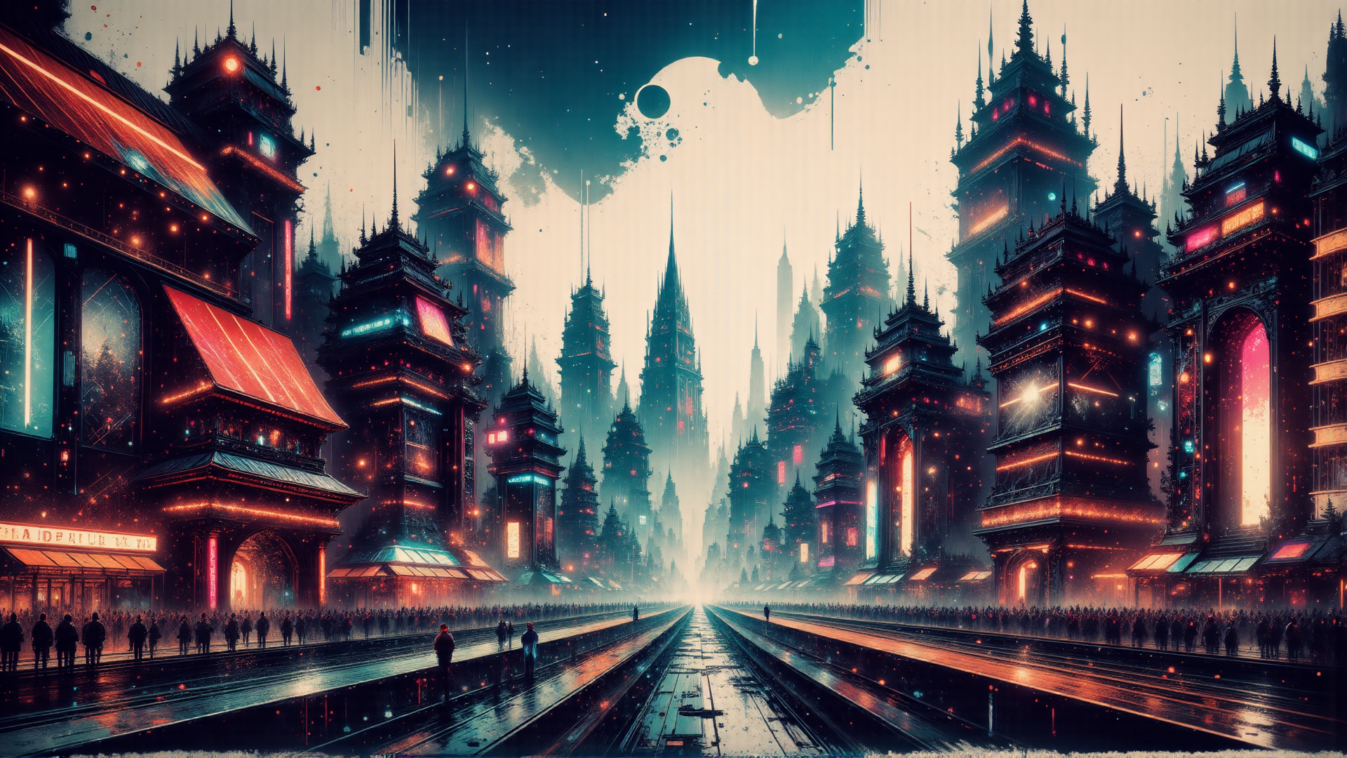 AI generated wallpaper featuring city, buildings, people, streets, skyscrapers, banners, light, arches, spheres, signs