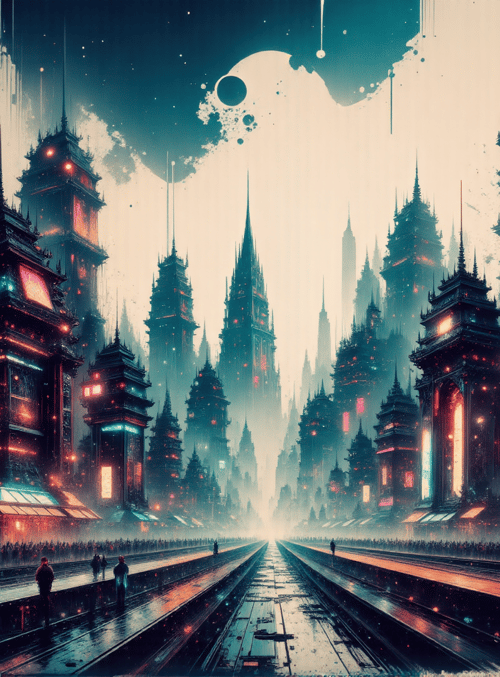 city, buildings, people, streets, skyscrapers, banners, light, arches, spheres, signs