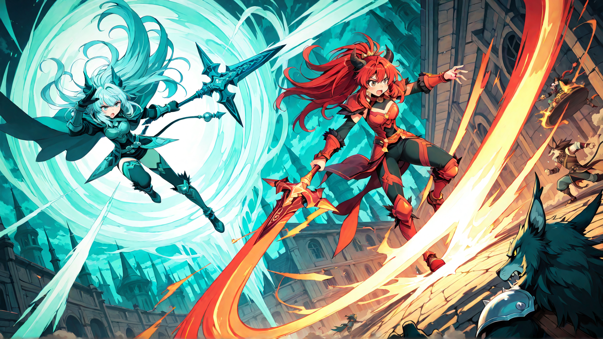 AI generated wallpaper featuring warrior, mage, goblin, wolf, sword, staff, castle, flying, monster
