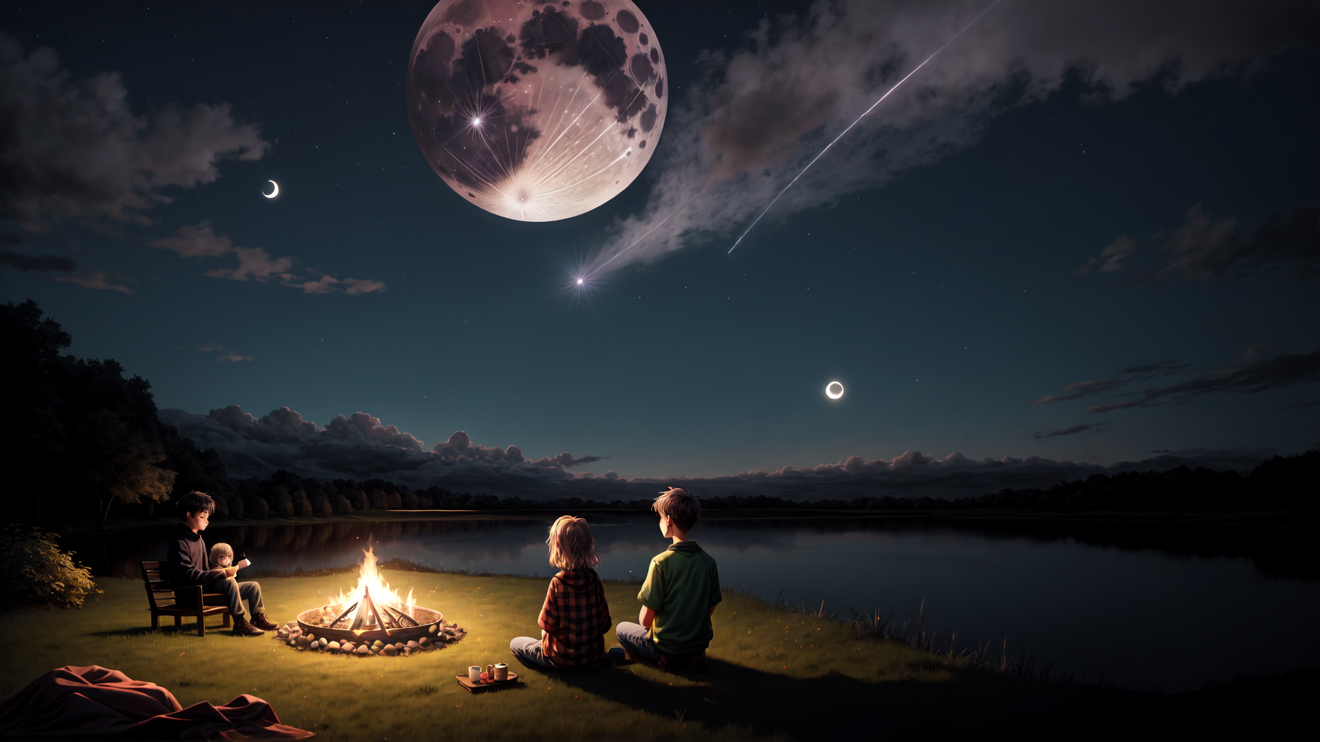 AI generated wallpaper featuring children, campfire, moon, lake, stars, trees, sky, fire, person, blanket