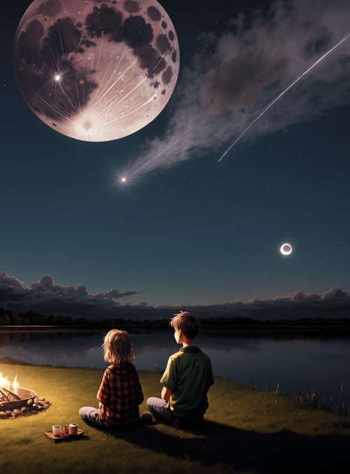 children, campfire, moon, lake, stars, trees, sky, fire, person, blanket