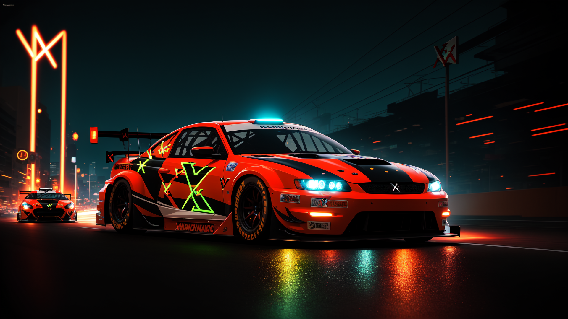 AI generated wallpaper featuring car, race car, street racing, neon lights, cityscape, night scene