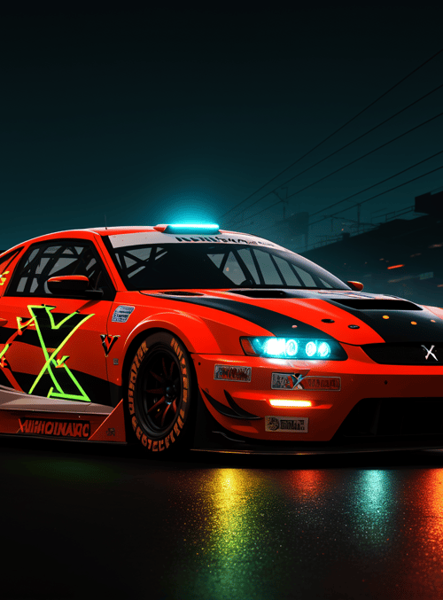 car, race car, street racing, neon lights, cityscape, night scene