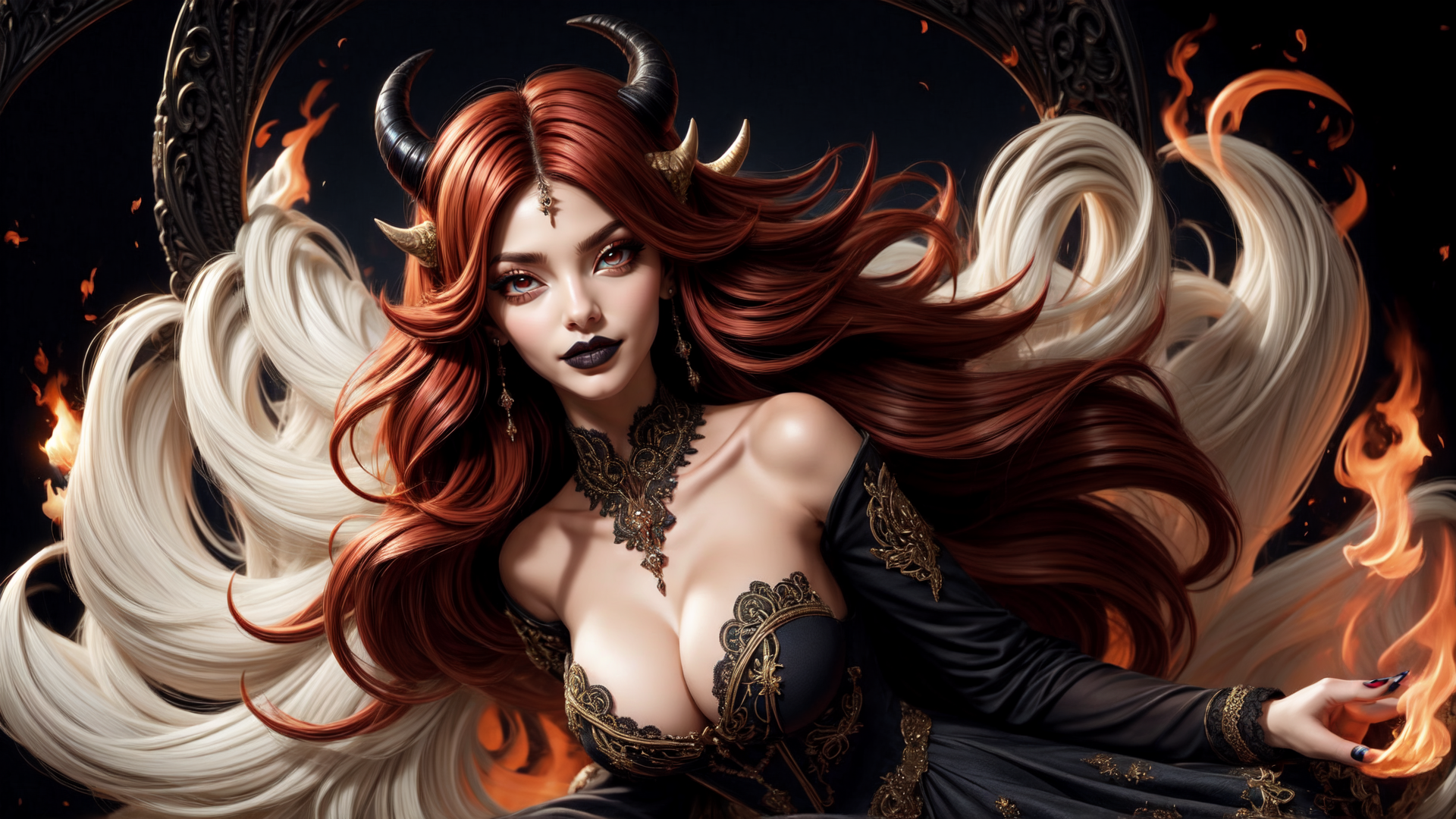 AI generated wallpaper featuring woman, devil, horn, hair, fire